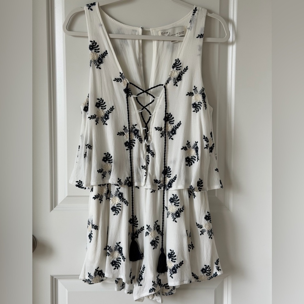 Vintage Havana Embroidered Tassel Romper White/Cream Boho Lace Up Floral - S